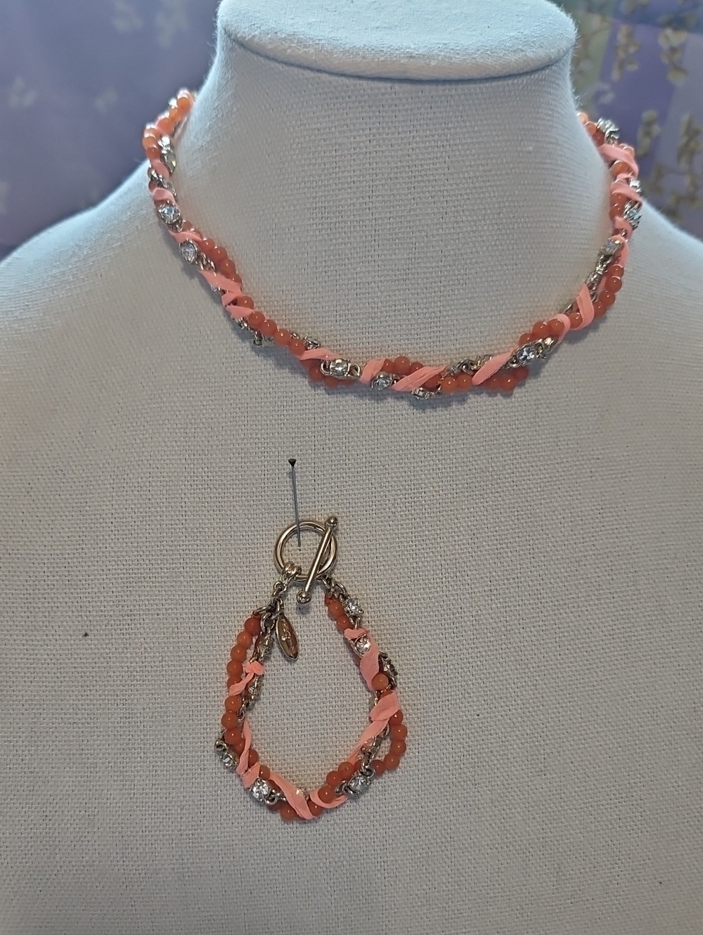 Ann Taylor Coral Bead & Crystal Twist Necklaceand Bracelet Set Vintage